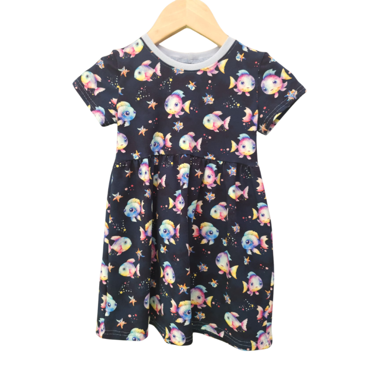 Basic Kleid bunte Fische dunkel (Bündchen hellblau) 86-128