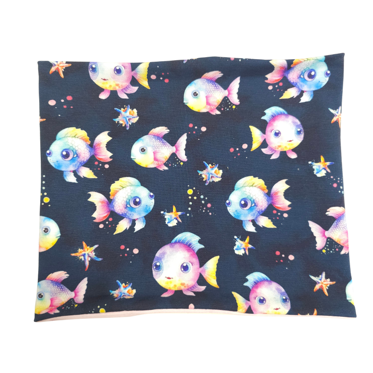 Wendeschlupfschal bunte Fische dunkel (innen rosa)