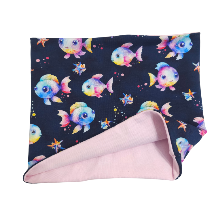 Wendeschlupfschal bunte Fische dunkel (innen rosa)