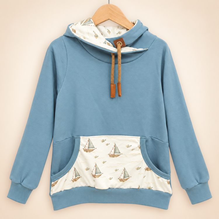 Hoodie [ Damen ] Küstenkind Boote & Fische (Sweat taubenblau) (Bündchen beige)