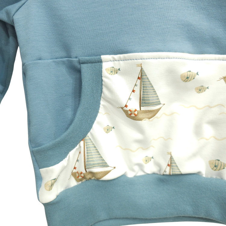 Hoodie [ Kids 8-16 Jahre ] Küstenkind Boote & Fische [Taubenblau]