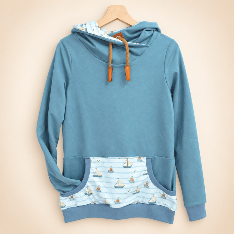 Hoodie [ Damen ] Küstenkind Boote (Sweat taubenblau) (Bündchen taubenblau)