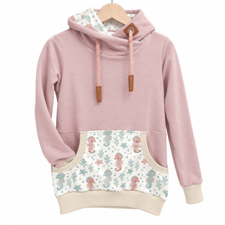 Hoodie [ Damen ] Under the Sea Seepferdchen (Sweat rosa) (Bündchen beige)