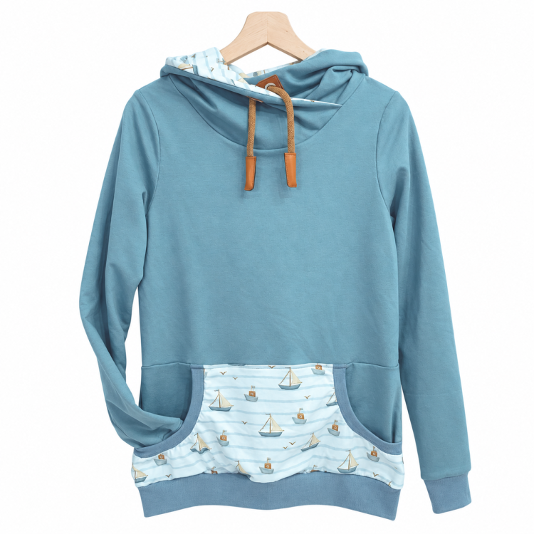 Hoodie [ Damen ] Küstenkind Boote (Sweat taubenblau) (Bündchen taubenblau)