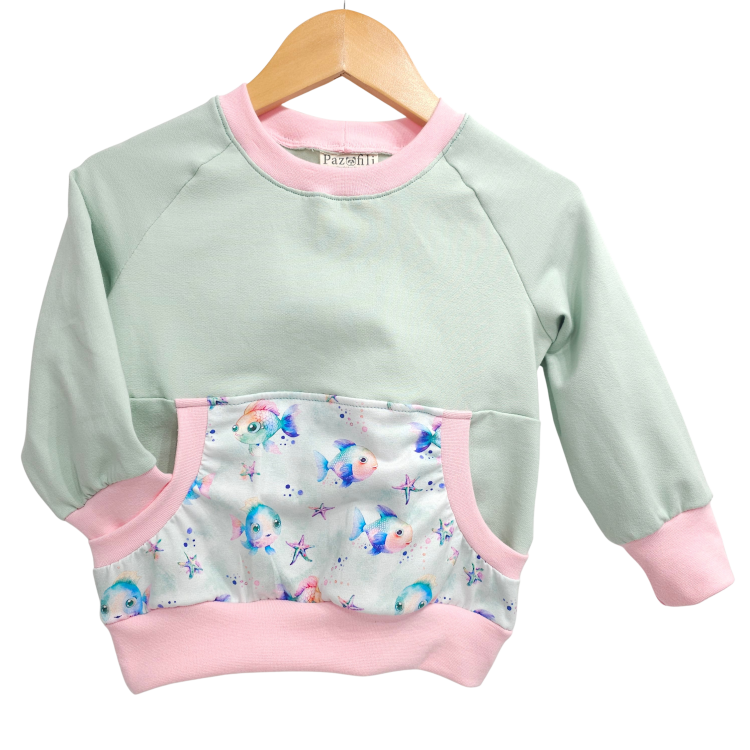 Pullover [ Kids 1-7 Jahre ] bunte Fische hell (Sweat hell mint) (Bündchen rosa)