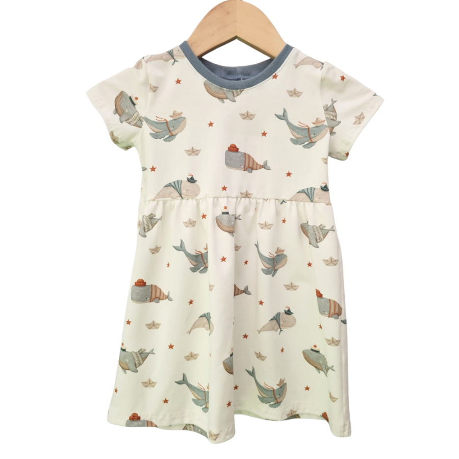 Basic Kleid Küstenkind Wale Schiffchen (Bündchen taubenblau)  134 - 164
