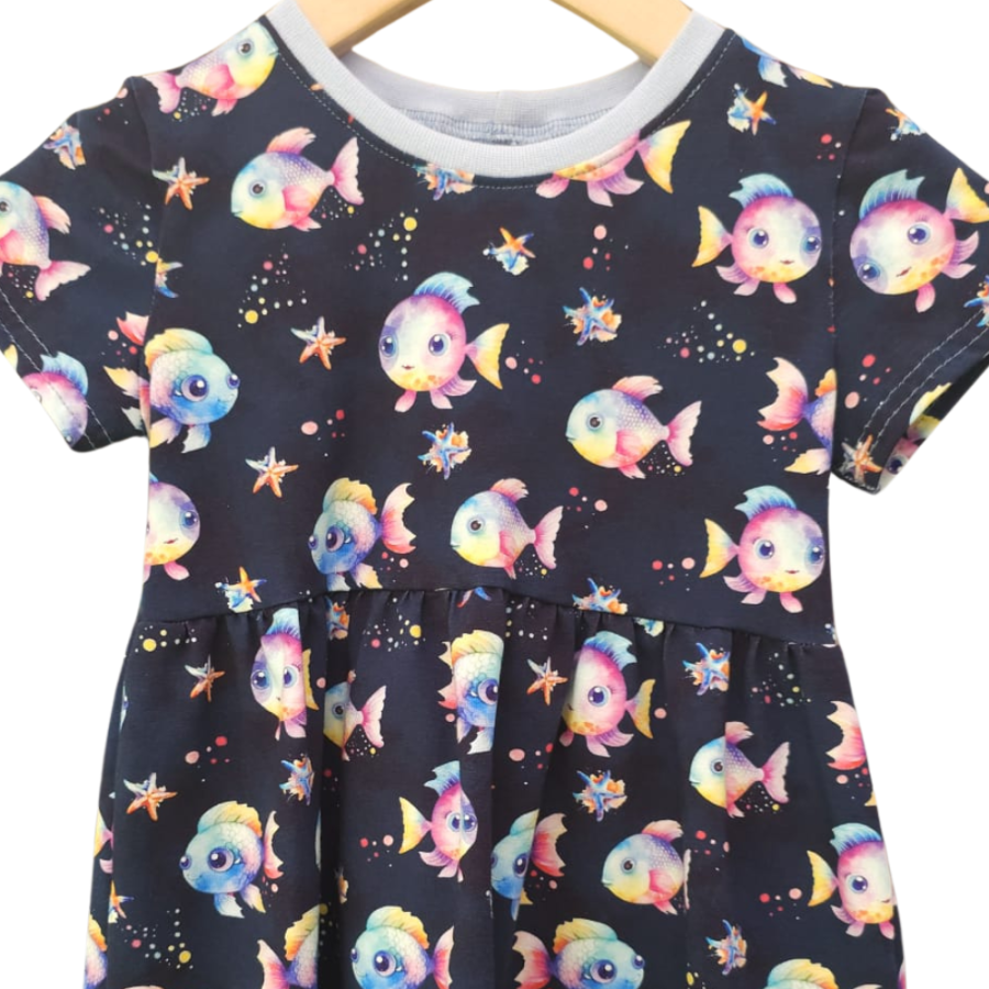 Basic Kleid bunte Fische dunkel (Bündchen hellblau) 86-128