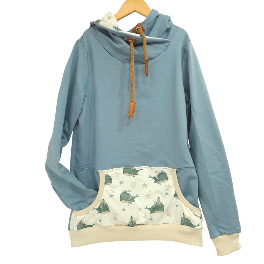 Hoodie [ Damen ] Küstenkind Wale Oktopus (Sweat taubenblau) (Bündchen beige)