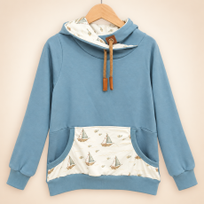 Hoodie [ Damen ] Küstenkind Boote & Fische (Sweat taubenblau) (Bündchen beige)