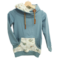 Hoodie [ Damen ] Küstenkind Wale Schiffchen (Sweat taubenblau) (Bündchen beige)