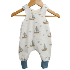 Strampler Küstenkind Boote Fische Bündchen taubenblau